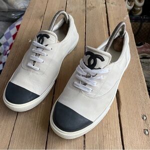CHANEL Cream and Black Casual Sneakers, Size 38 ~ RARE